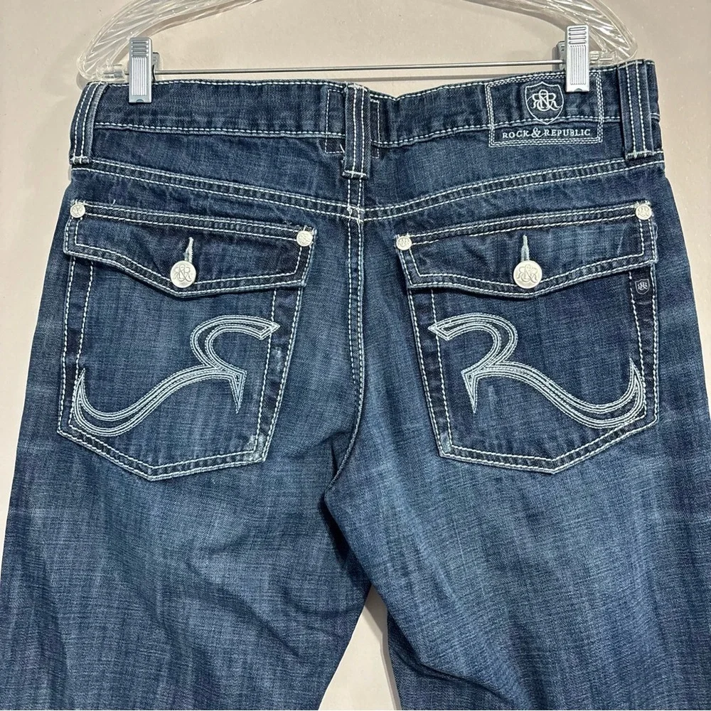 ROCK & REPUBLIC Rider Jeans Men's 34 x 30 BLUE Denim Button Pockets Embroidery